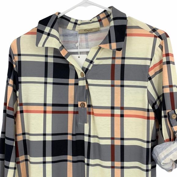 Womens Cestyle Plaid Blouse Large 9722 roll tab - Picture 3 of 6